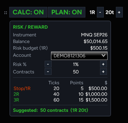 Calculator panel: balance, risk budget, contracts, and 1R/2R/3R in ticks, points and dollars