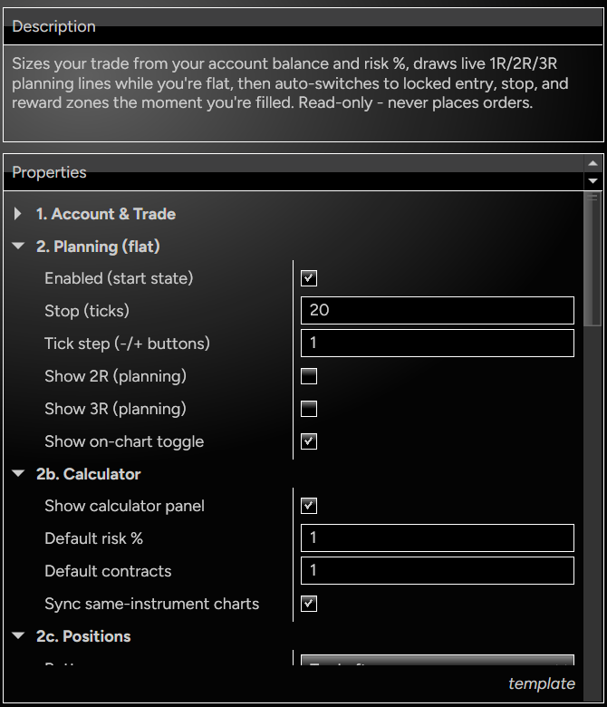 Indicator settings and description: planning, calculator and position options — read-only, never places orders